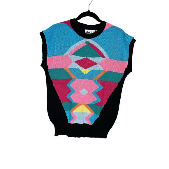 Vintage 80s Via L.A. Women’s Knit Abstract Geometric Sweater Tee size Medium - Picture 1 of 5